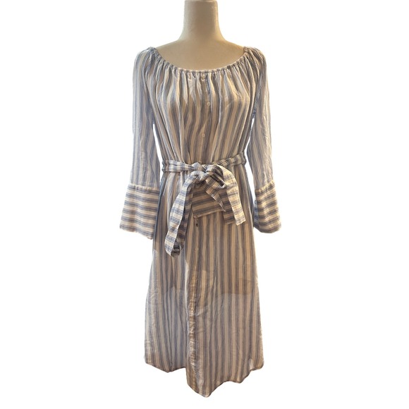 Striped Midi Dress Blue White Tie Waist Long Sleeve Bell Sleeve Casual - Picture 1 of 7